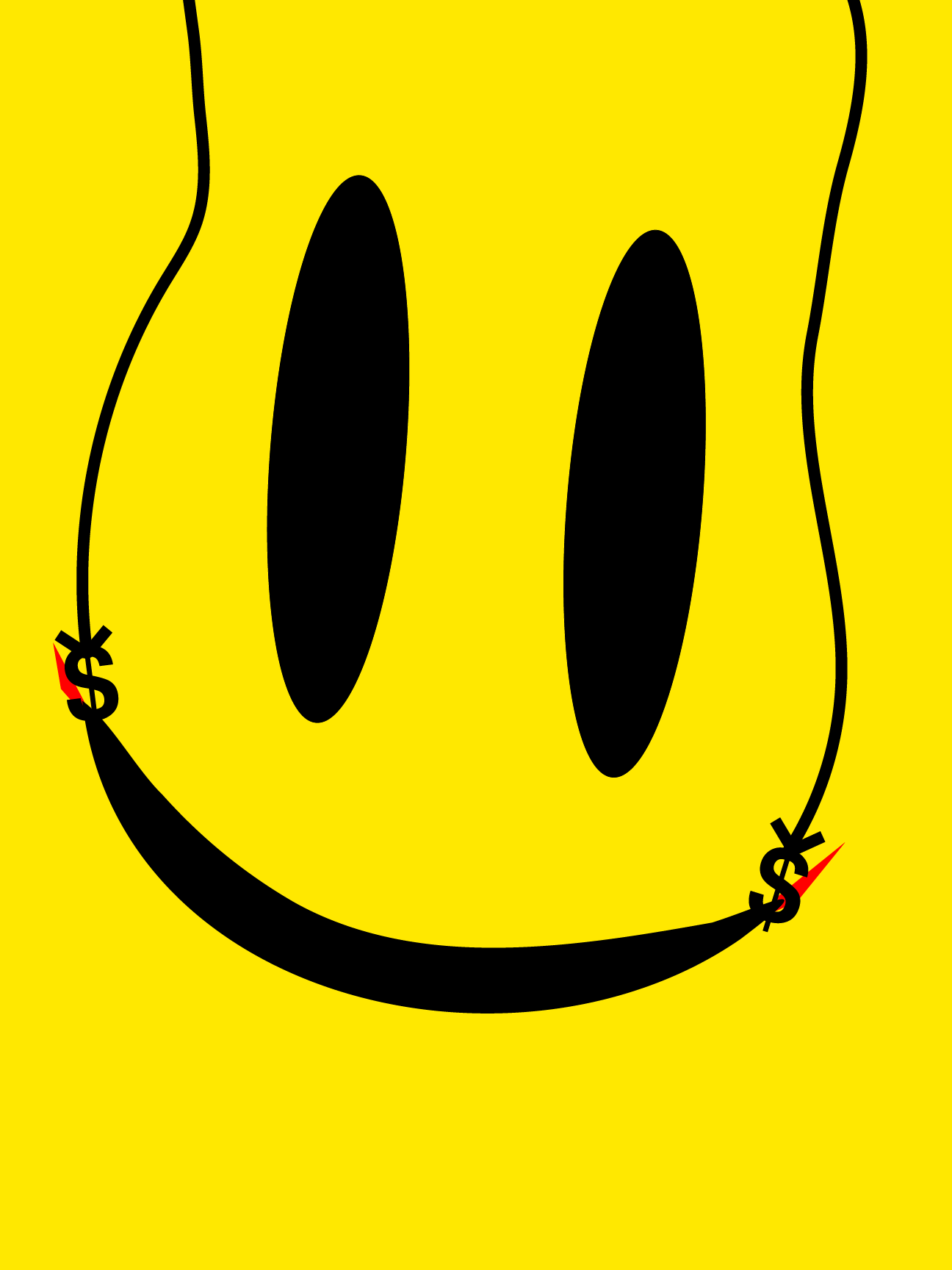 Poster: a yellow smiley face whose mouth is a rope strung between two dollar signs shaped like fish hooks