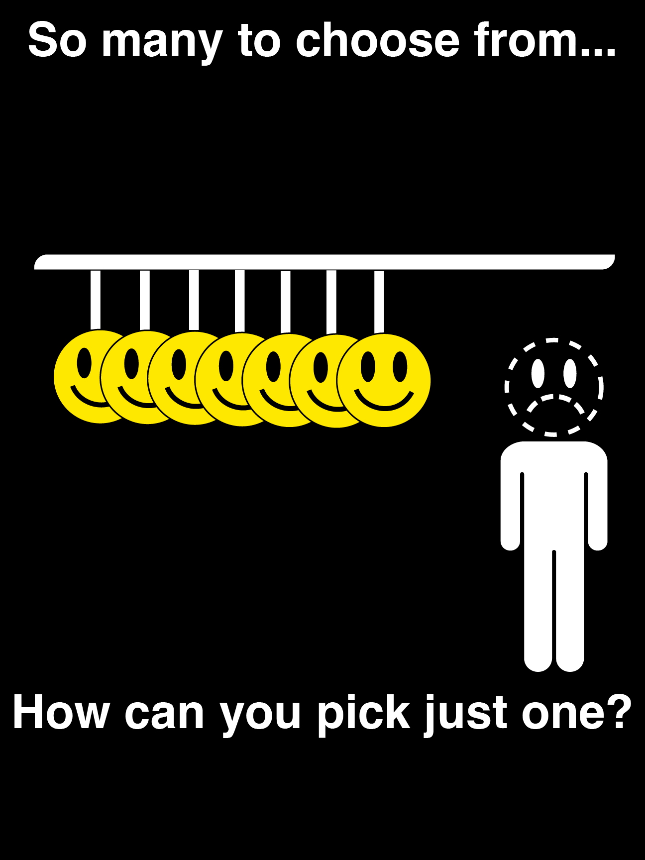 Poster: seven identical yellow smileys hanging in a row on a rack, beside a human figure whose head is a dashed outline of a frowning face