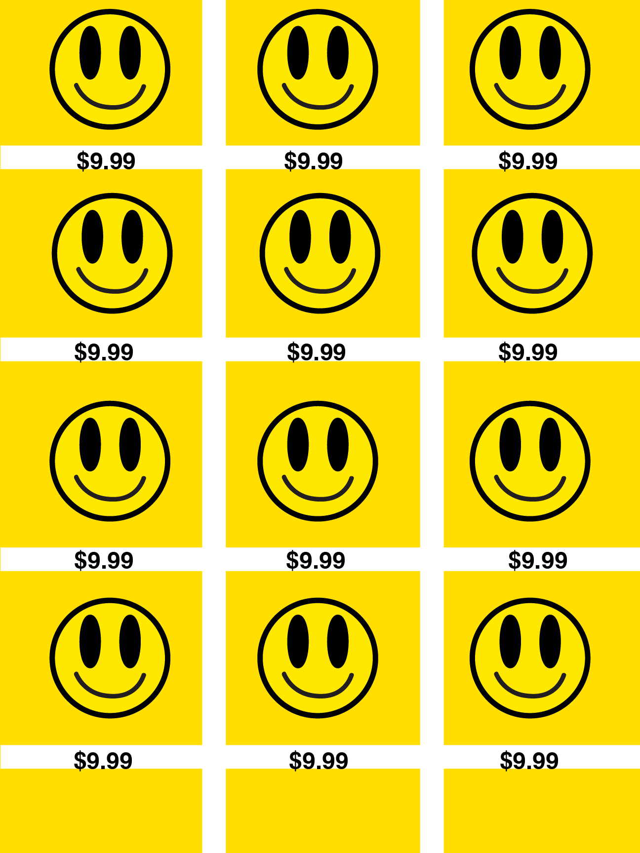 Poster: a grid of identical yellow smiley faces, each priced at $9.99, running off the bottom edge of the page