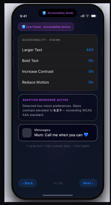 Accessibility settings screen showing larger text, bold text, increased contrast and reduce motion, with glass contrast raised to 5.2:1