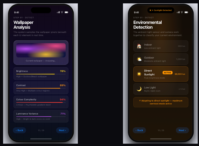 Two prototype screens: one sampling wallpaper brightness, contrast, colour complexity and luminance variance; one classifying ambient light into indoor, outdoor, direct sunlight and low light