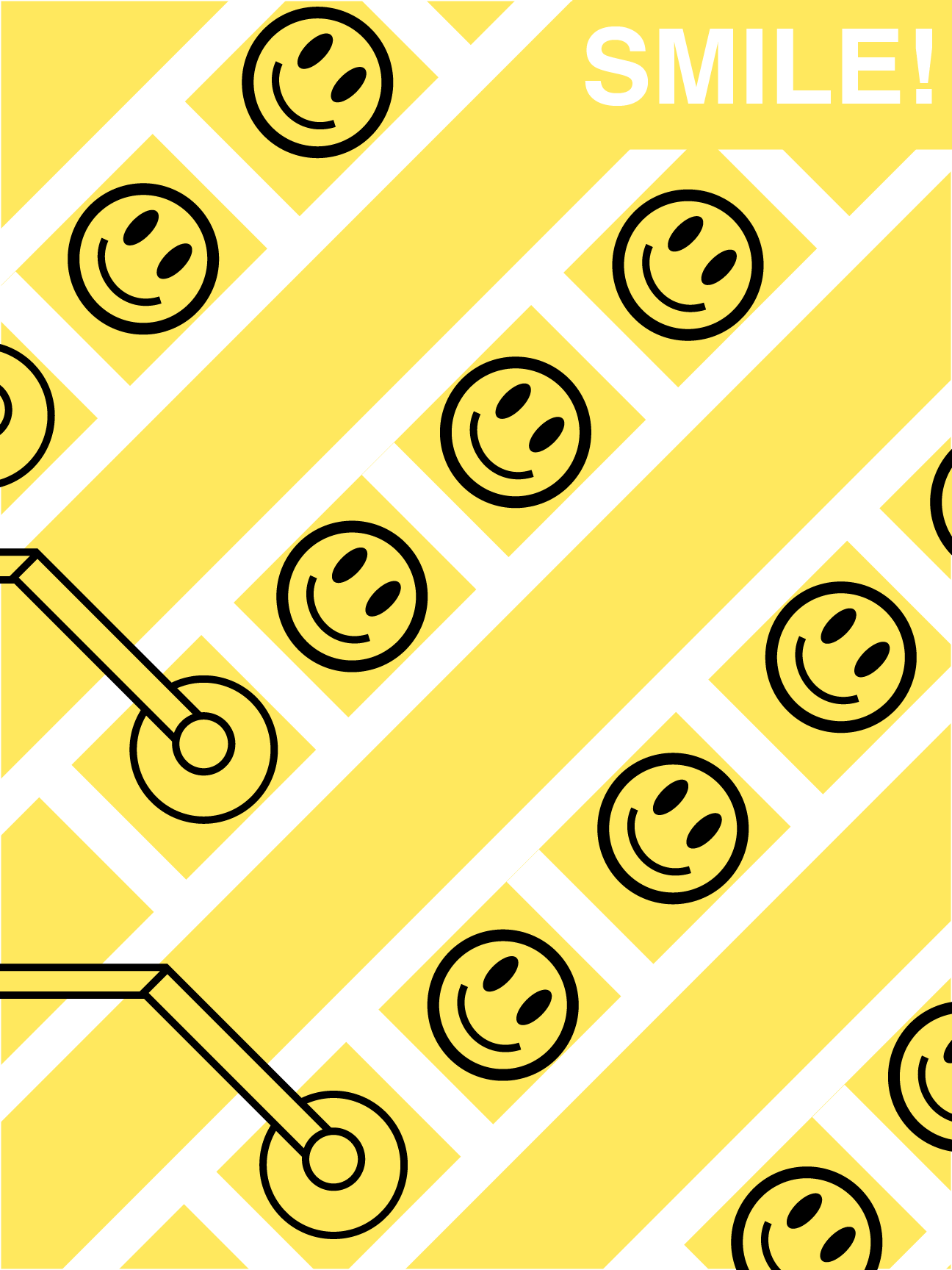 Poster: diagonal conveyor belts of identical smiley faces being stamped out by machines, with the word SMILE! in the corner